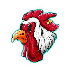 A bold and stylized digital illustration of a rooster&rsquo;s head in a cartoon-comic style. The artwork features strong line work, vibrant colors, and expressive details. The rooster has a fierce expressio