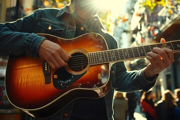 Obraz premium Guitar performance of street performers under the sunshine