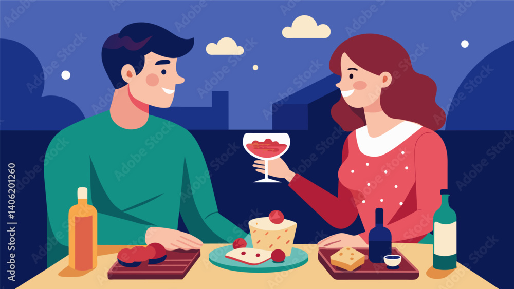 Poster a intimate date night in as a couple enjoys a charcuterie board while sharing stories and creating c