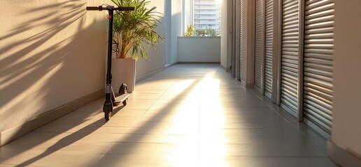 Electric scooter parked in hallway with sunlight and shadows
