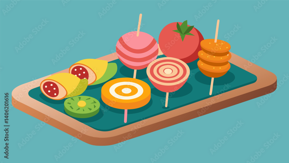 Poster a playful board with mini pancake kabobs fruit skewers and ham and cheese rollups.. vector illustrat