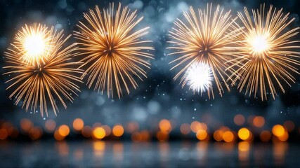 Golden fireworks fill the night sky with celebrations and festive bokeh lights, against a dark blue background and water reflection.