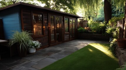 Fototapeta premium A general view of a back garden with artificial grass, grey paving slab patio, flower bed with plants, timber fences, blue shed, summer house garden timber outbuilding 