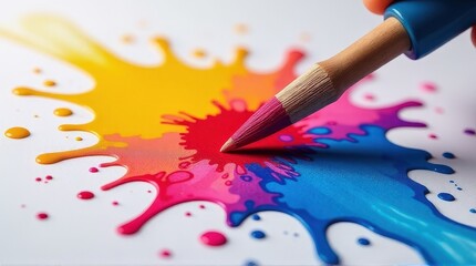 Obraz premium Colorful paint splash with pencil on white background.