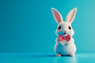 Obraz premium A fluffy white bunny with a pink bow tie against a bright turquoise colored background space for text