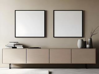 Fototapeta premium Clean home wall decor mockup with two empty square poster frames above sideboard in 3D rendering