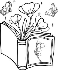 Cute Spring Bookish Open Book with flowers Outline Cartoon Hand Drawn