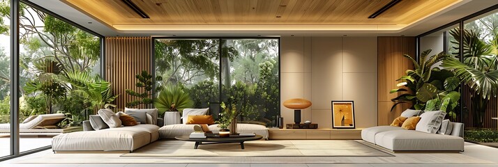 Fototapeta premium Ultra Luxury Biophilic Living Room Interior with Organic Rock Wall Texture Oversized Modular Beige Sofa and Integrated Home Cinema for High End Real Estate and Interior Design