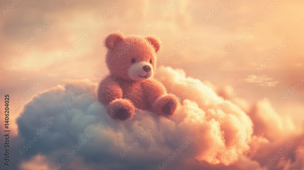 Poster teddy bear rests on a small cloud under a pastel evening sky creating a dreamy atmosphere for relaxa