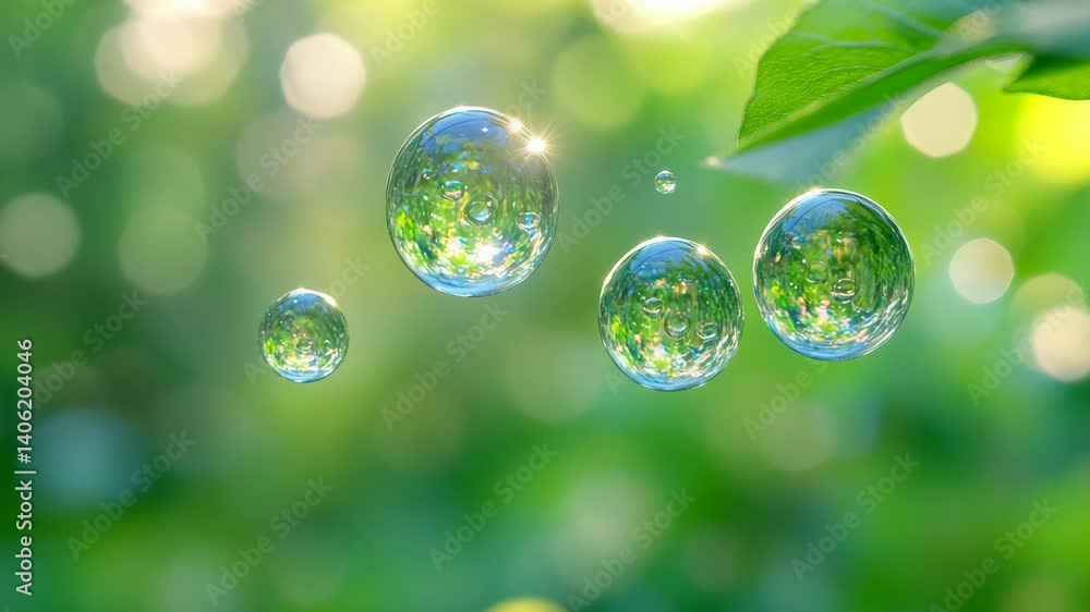 Poster transparent water drops with reflected green nature creating abstract effect, blurred bokeh backgrou