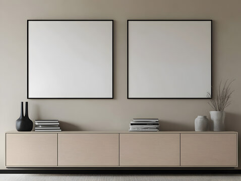 Contemporary living room mockup with beige wall, wood storage unit, and frame placeholders in 3D rendering