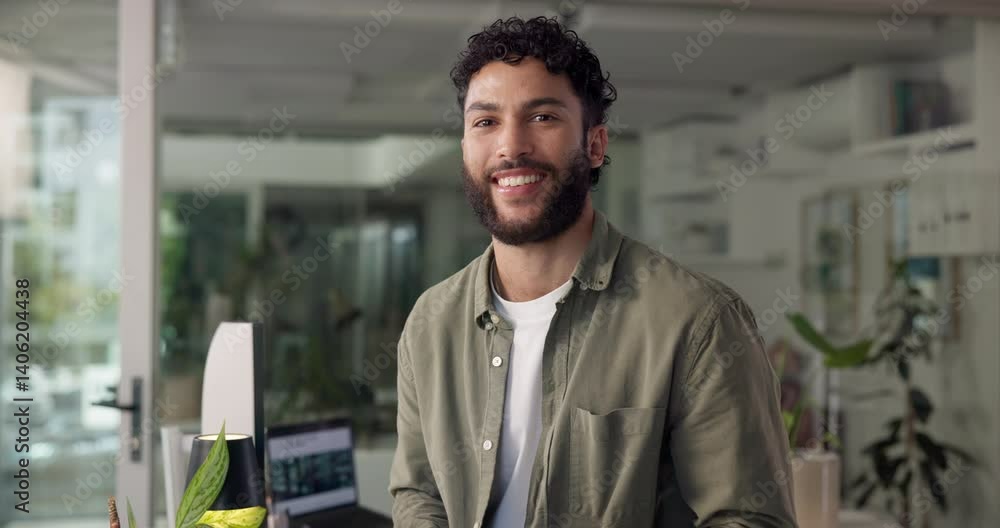 Poster confident, face and man with smile, office and creative for career growth in web design and laptop. 