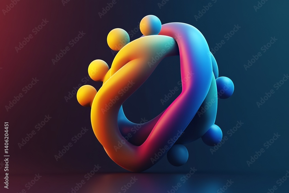 Poster abstract torus shape with attached spheres in vibrant gradient colors on a dark background scene