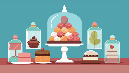 A chic and sophisticated candy spread featuring elegant glass jars filled with delicate macarons truffles and gourmet chocolates.. Vector illustration