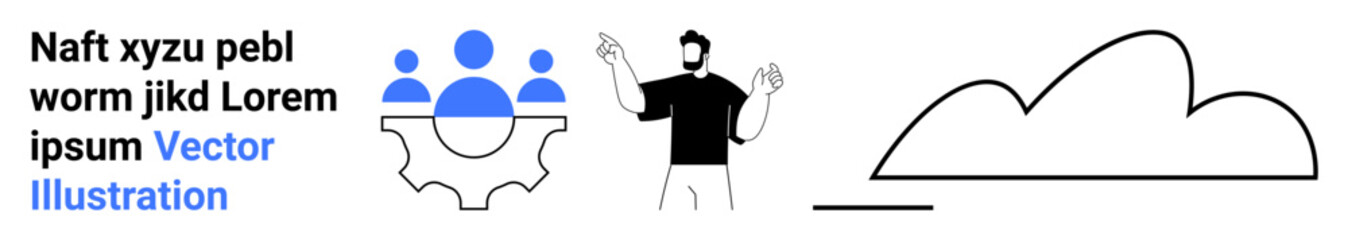 Team figures inside a gear emphasize teamwork. Individual presenting with gestures symbolizes communication. Simple cloud design signifies creativity, innovation, and technology. Ideal for teamwork