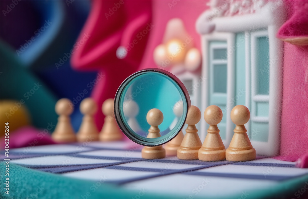 Aufkleber hint: the image presents a chess set with a reflection element. a chess game is set in a whimsically