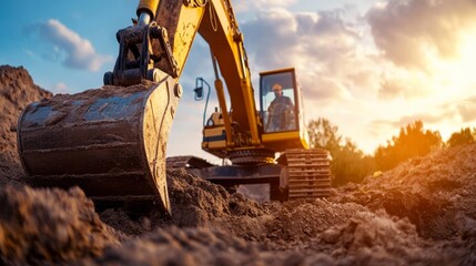 Construction worker operating an excavator at a construction site. Featuring heavy machinery and earthmoving