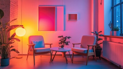 Cozy office corner featuring armchairs, a coffee table, and wall art under warm ambient lighting