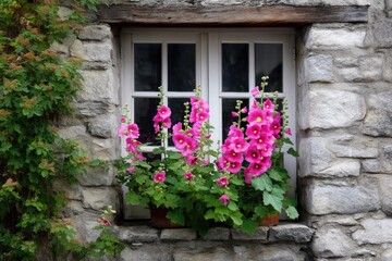 A charming cottage window adorned with vibrant hollyhocks swaying gently in the breeze.