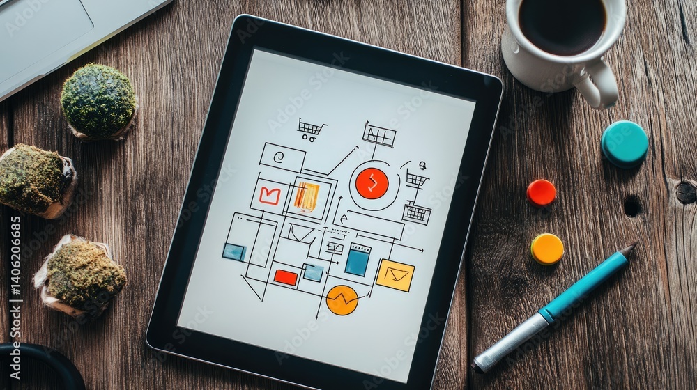 Poster e-commerce website wireframe displayed on tablet surrounded by design tools and coffee mug