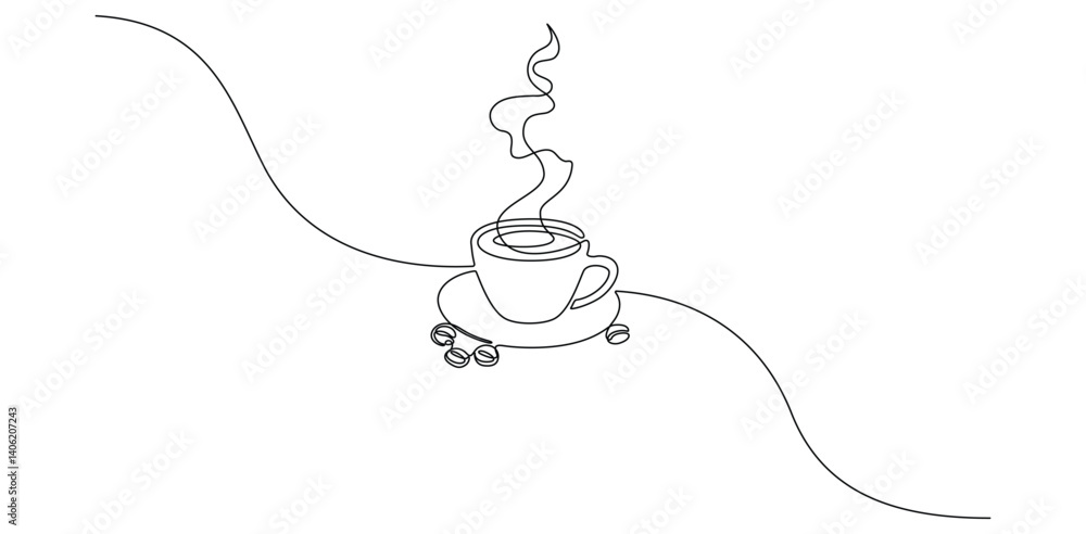 Fototapete Cup coffee with steam in One continuous line drawing. Morning hot drink for breakfast menu in cafe and web banner in simple linear style. Editable stroke. Doodle Vector illustration