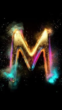 letter M 3D Gold art with color cloud and powder explosion background, Seamless Animation Video Background in 4K Resolution