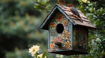 Colorful birdhouse with two birds perched on the wooden rooftop