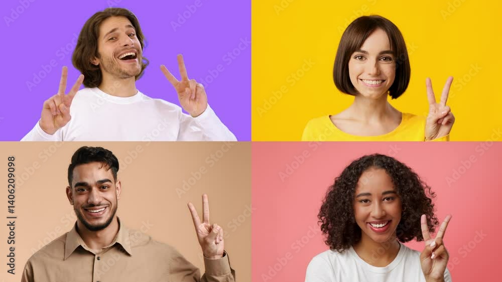 Poster Four diverse individuals express joy and positivity with V signs against colorful backgrounds. Their smiles convey a sense of success and happiness, showcasing celebration and unity.