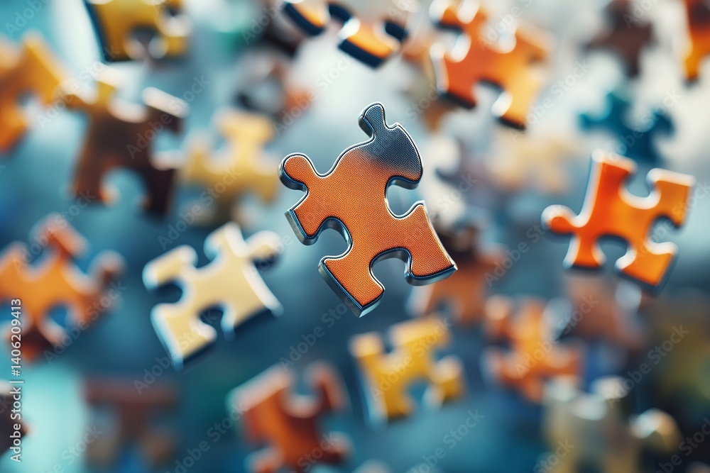 Poster a close up shot of colorful puzzle pieces scattered on a blue surface with one in focus floating abo