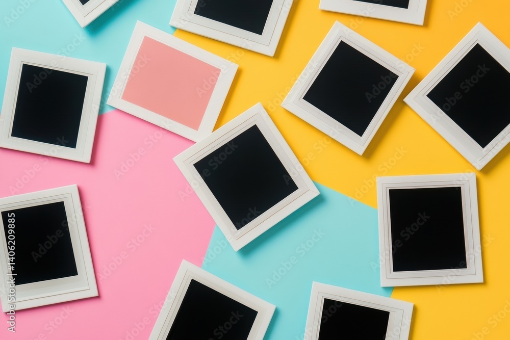 Leinwandbilder scattered white polaroid frames on a vibrant surface with colorful sections for creative display or 