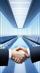 A handshake between two people against the backdrop of a modern airport terminal with blue seating and lighting