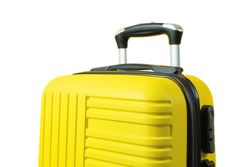 A yellow suitcase prepares for summer travel and vacation trips, isolated on white, PNG
