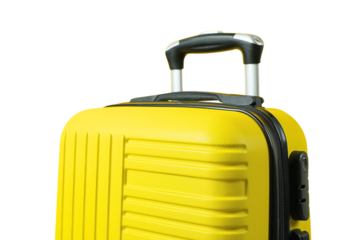 A yellow suitcase prepares for summer travel and vacation trips, isolated on white, PNG