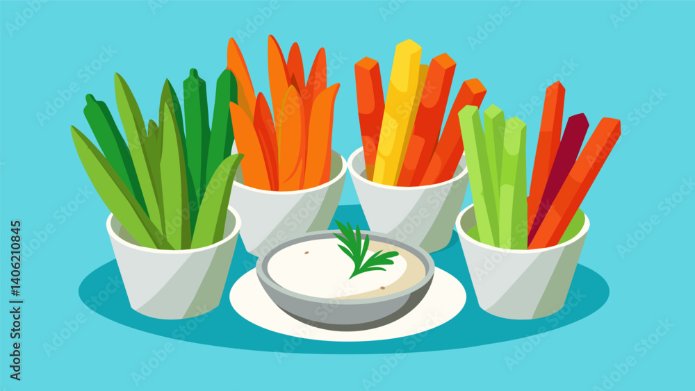 Poster a colorful array of fresh vegetable sticks paired with creamy hummus and tangy tzatziki dips for a l