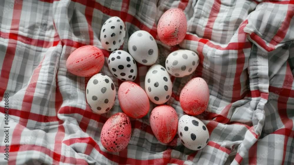 Poster colorful easter eggs with polka dots and vibrant patterns arranged on checkered fabric create festiv