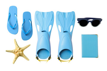 Summer vacation essentials: flip-flops, snorkel fins, starfish, isolated on white, PNG