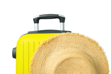 A yellow suitcase combined with a straw hat signifies summer travel, isolated on white, PNG