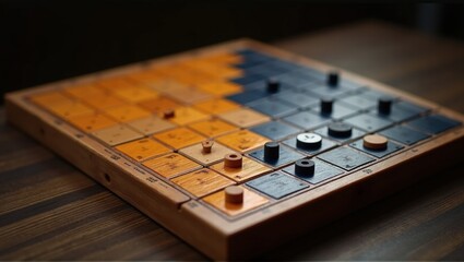 A close-up of a wooden board game with unique, intricate triangular tiles, showing an engaging pattern of blue and beige pieces on a dark background. Generative, AI,