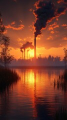Industrial tower expels smoke into sunset sky reflected in serene waters with silhouetted trees
