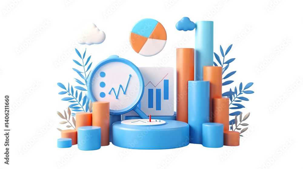 Poster 3d illustration of data analysis with laptop, pie charts, bar graphs, and business analytics element