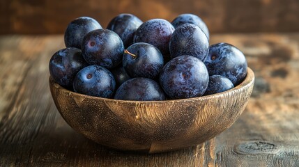 Plums in wooden bowl on rustic table.  Possible use Food photography