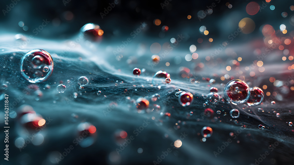 Poster intriguing macro shot of floating bubbles in a mystical, atmospheric environment.