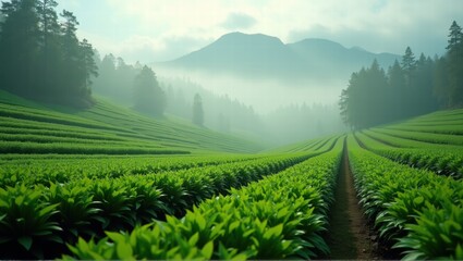 Fototapeta premium A serene view of a lush green tea field, with vibrant young tea plants stretching across the landscape, surrounded by misty mountains, creating a peaceful and calming atmosphere. Generative, AI,