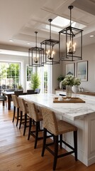 Obraz premium Bright kitchen with island, pendant lights, and hardwood floors