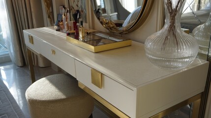 Empty modern, minimal beige dressing table, gold handle drawer storage, twig glass vase, round vanity mirror in cream wall bedroom in sunlight for luxury beauty 