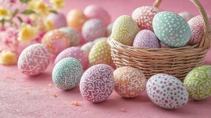 Festive pastel-colored Easter eggs, decorated with various patterns, spill from a wicker basket onto a pink surface, perfect for celebrating spring or Easter-themed concepts  