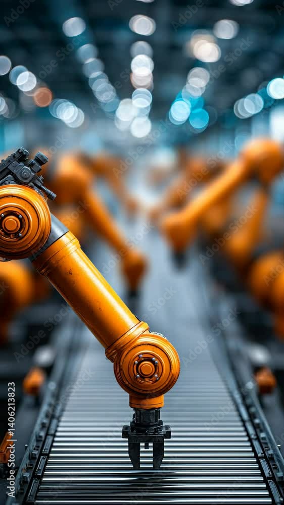Poster automated assembly line with orange robotic arms working in a modern factory, precision machinery an