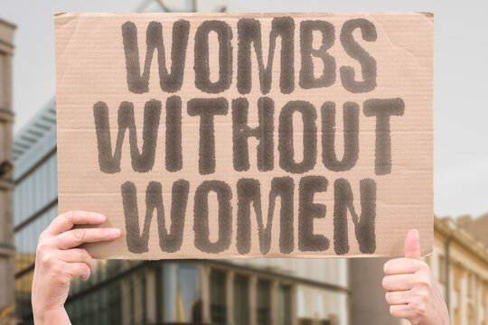 "Wombs Without Women" on worn cardboard. Highlights a future where reproduction moves from biology to biotech labs. ECTOGENESIS. DESIGNER. OFFSPRING. ARTIFICIAL. BIRTH. REPRODUCTIVE. SCIENCE