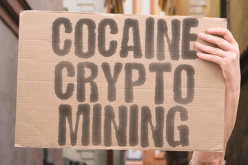 "Cocaine Crypto Mining" on worn cardboard. Highlights cartels using drug profits to buy GPU farms, lacing servers. NARCO. HASHRATE. EL. CHAPO. COIN. FROZEN. WALLETS. ILLEGAL