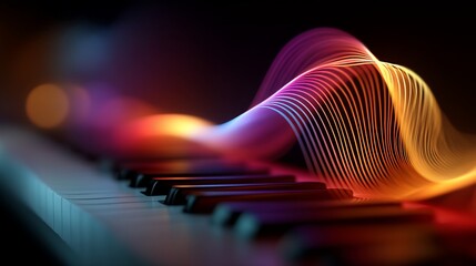 Colorful music waves flow above piano keys